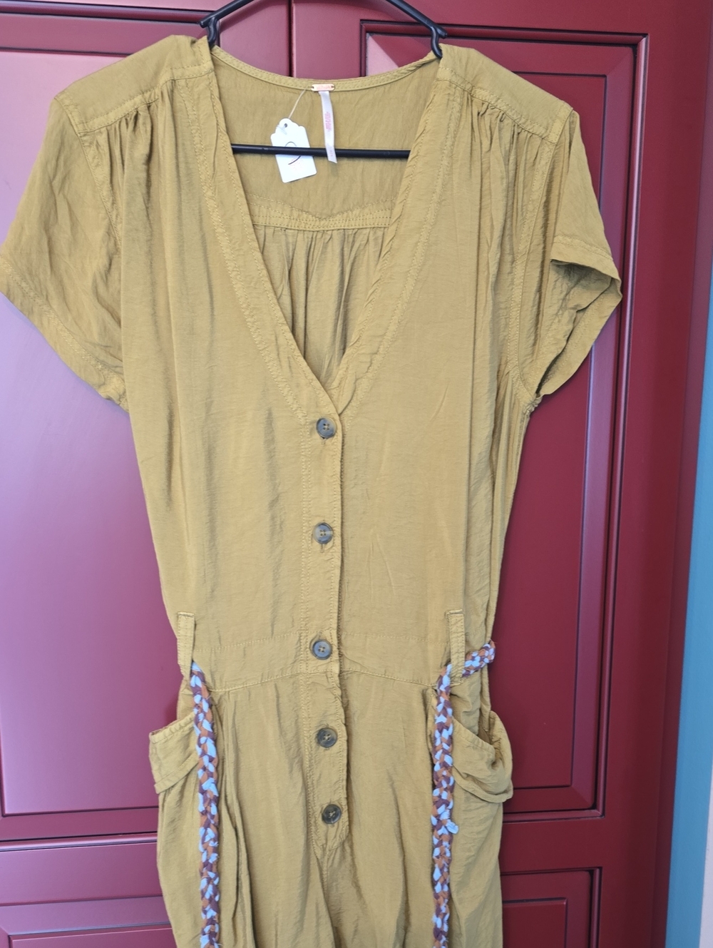 Women’s Mustard Short-Sleeve Button Front Dress CARGO POCKET LEGS FREE PEOPLE SM